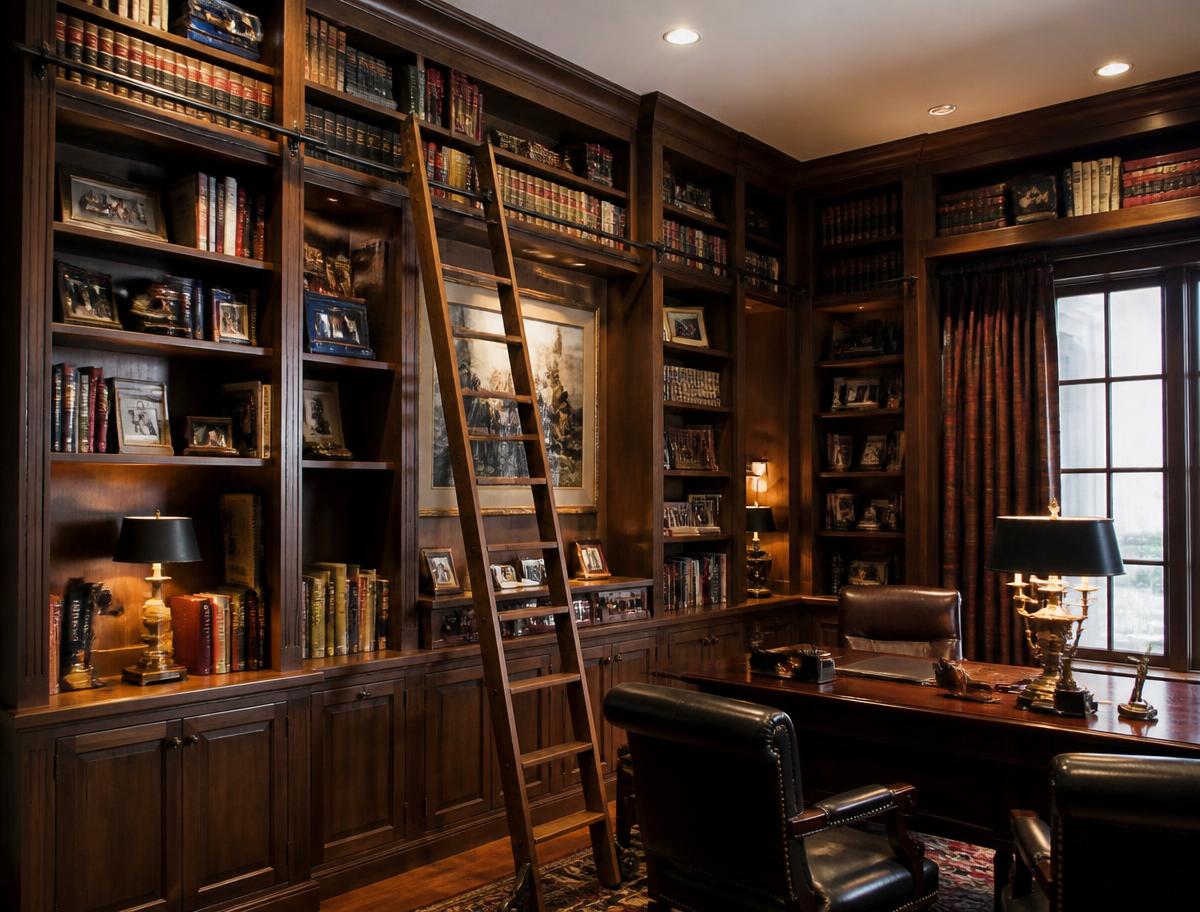 Kitchens & Dining — Built-in walnut library with rolling ladder